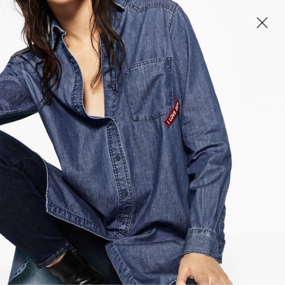 ZARA Basics Z975 Patch Oversized Denim Shirt S Western Chic Grunge Versatile